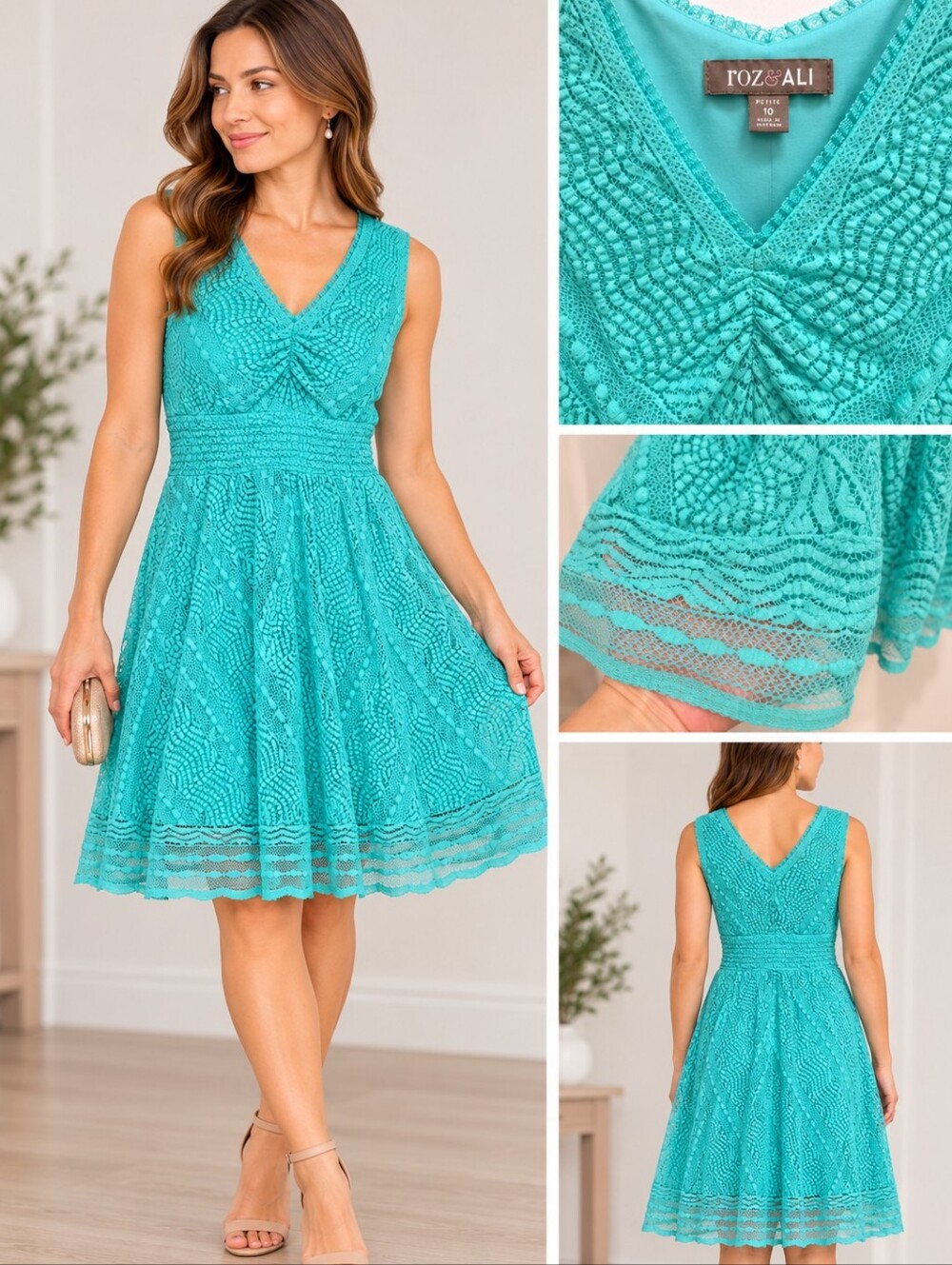 Roz & Ali Petite 10P Turquoise Lace Sleeveless Fit & Flare Dress NWT